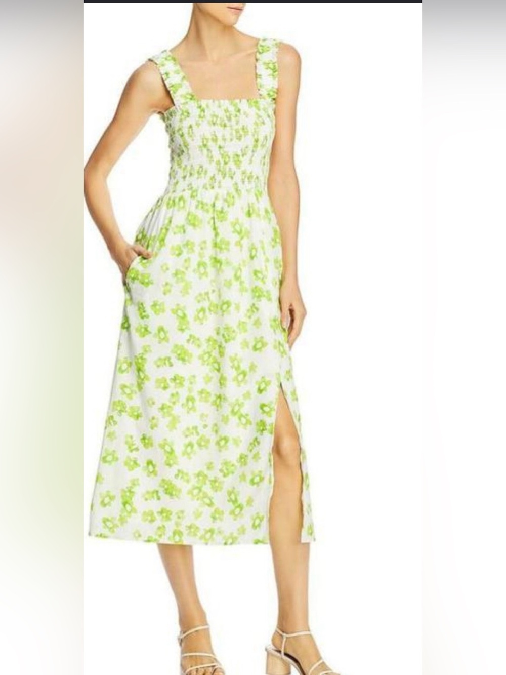 Wayf White and Lime Floral Smocked Midi Dress with Side Slit